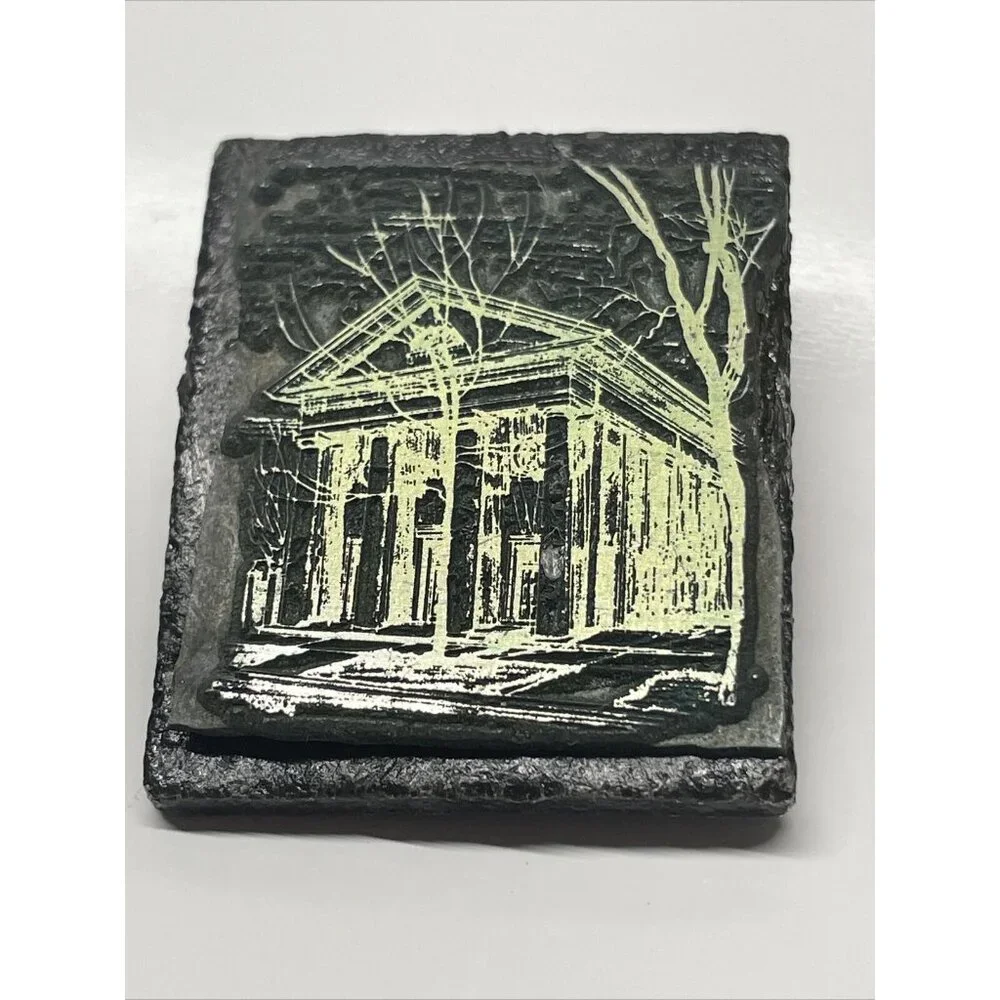 Vintage Handmade Mausoleum Trees Brooch Pin Slate Gold & Black Colored Graveyard